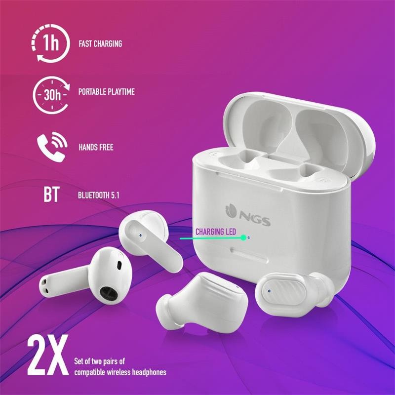 AURICULARES NGS ARTICA DUO EARPHONES BLUETOOTH WIRELESS WHITE ( PACK 2UD ) - Imagen 2