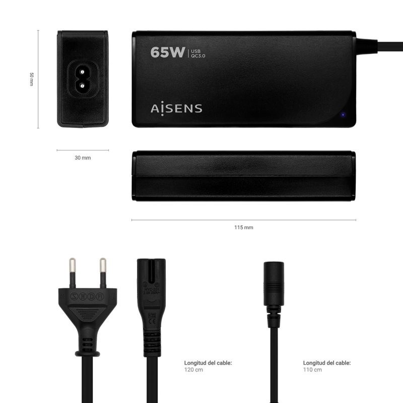 CARGADOR PORTATIL AISENS 65W AUTOMATICO + 9 CONECTORES + USB-A - Imagen 5