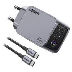Cargador Ugreen GaN 65W 1xUSB-A 2xUSB-C Gris (25871)