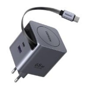 Cargador Ugreen GaN 65W Cable Retráctil Gris (65825)