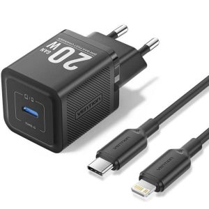 CARGADOR DE PARED VENTION GAN USB-C 20W BLACK + CABLE UCB-C – LIGHTNING 1M BLACK
