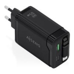 Cargador AISENS GaN 65W 1xUSB-A 1xUSB-C Cable Retráctil